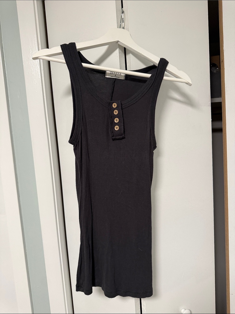 Zenana Charcoal Ribbed Tank with Wooden Buttons